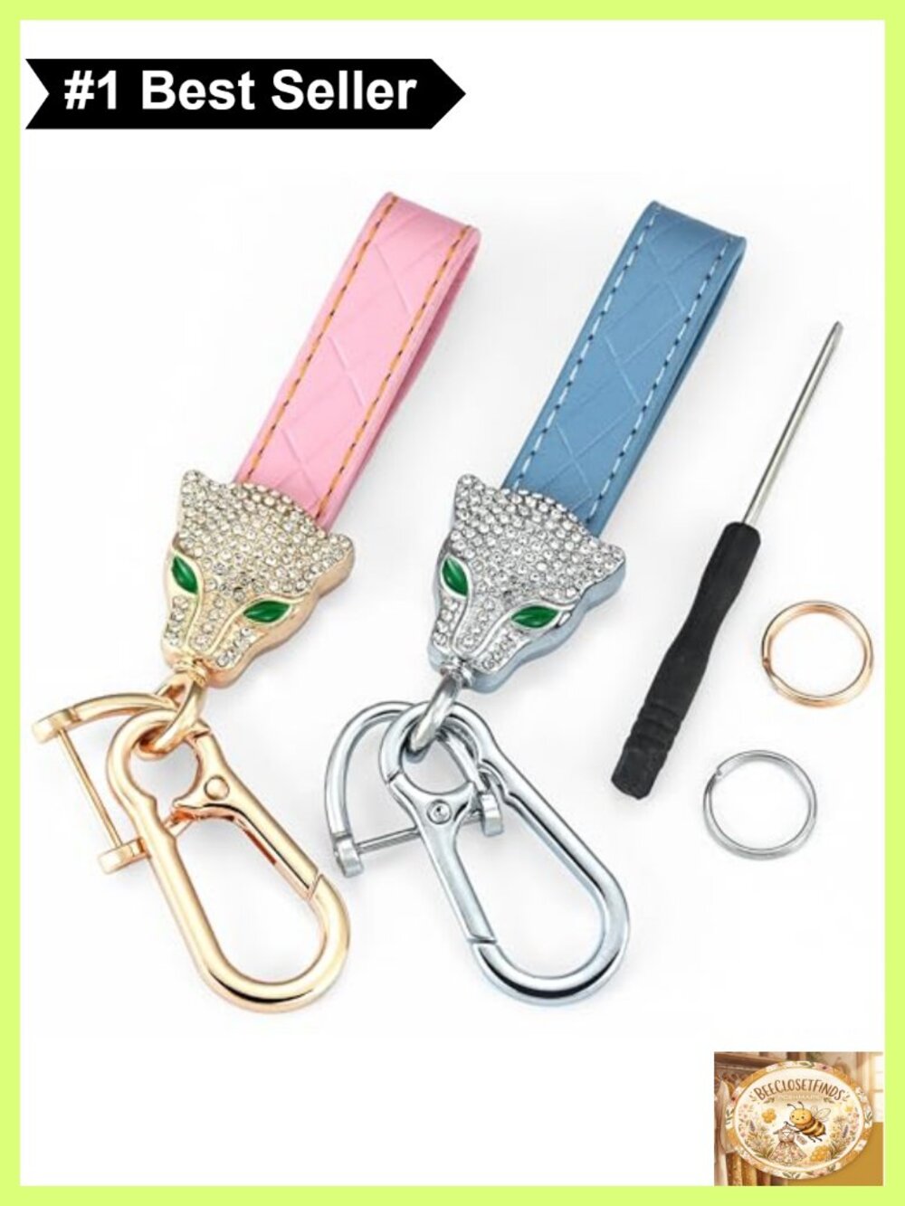 Crystal Panther Car Key Fob Cover Keychain Set 2-Pack Quilted Faux Leather